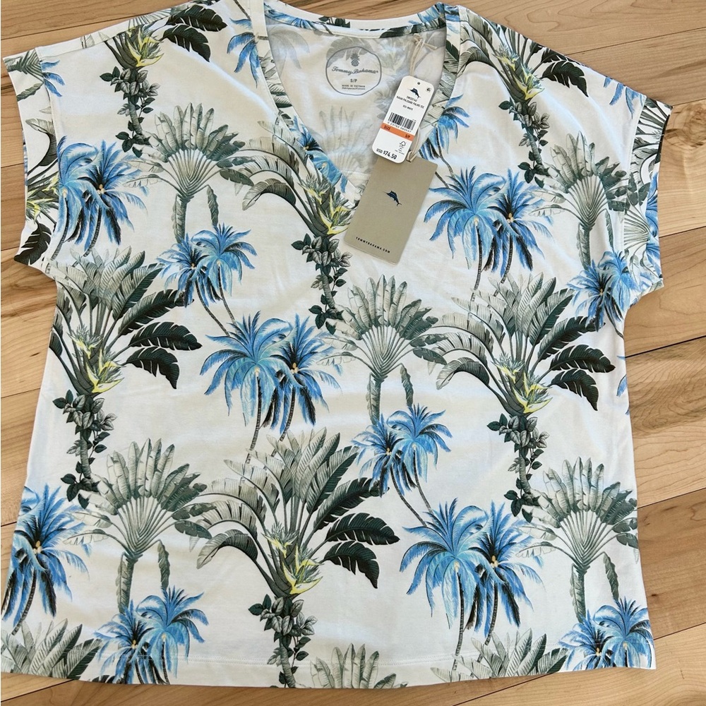 Tommy Bahama Blue and Green Palm Print V-Neck Tee